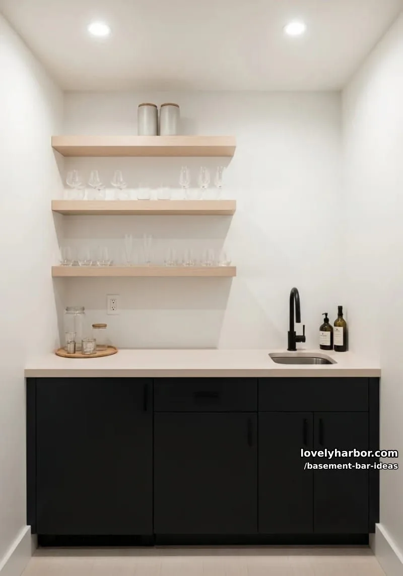 15 Modern Basement Bar Design Ideas for Comfy Entertaining 6 scandinavian-inspired minimal wet bar with floating wood shelves and matte black fixtures 1