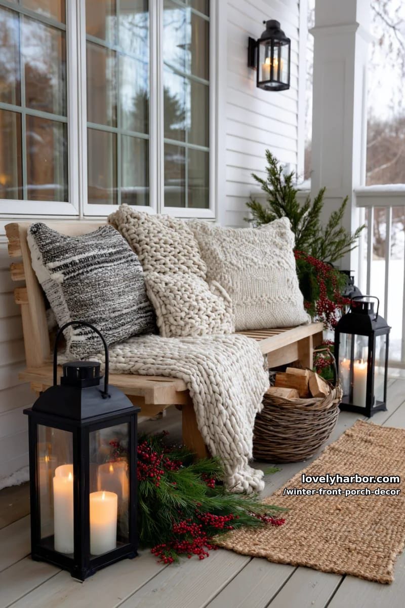 scandinavian-inspired porch bench with chunky knit blankets and lanterns 1