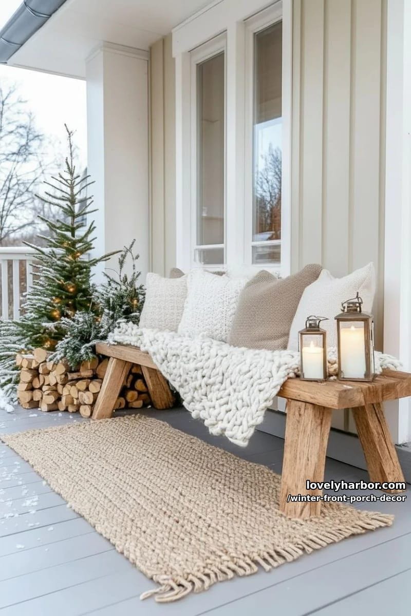 scandinavian-inspired porch bench with chunky knit blankets and lanterns 1