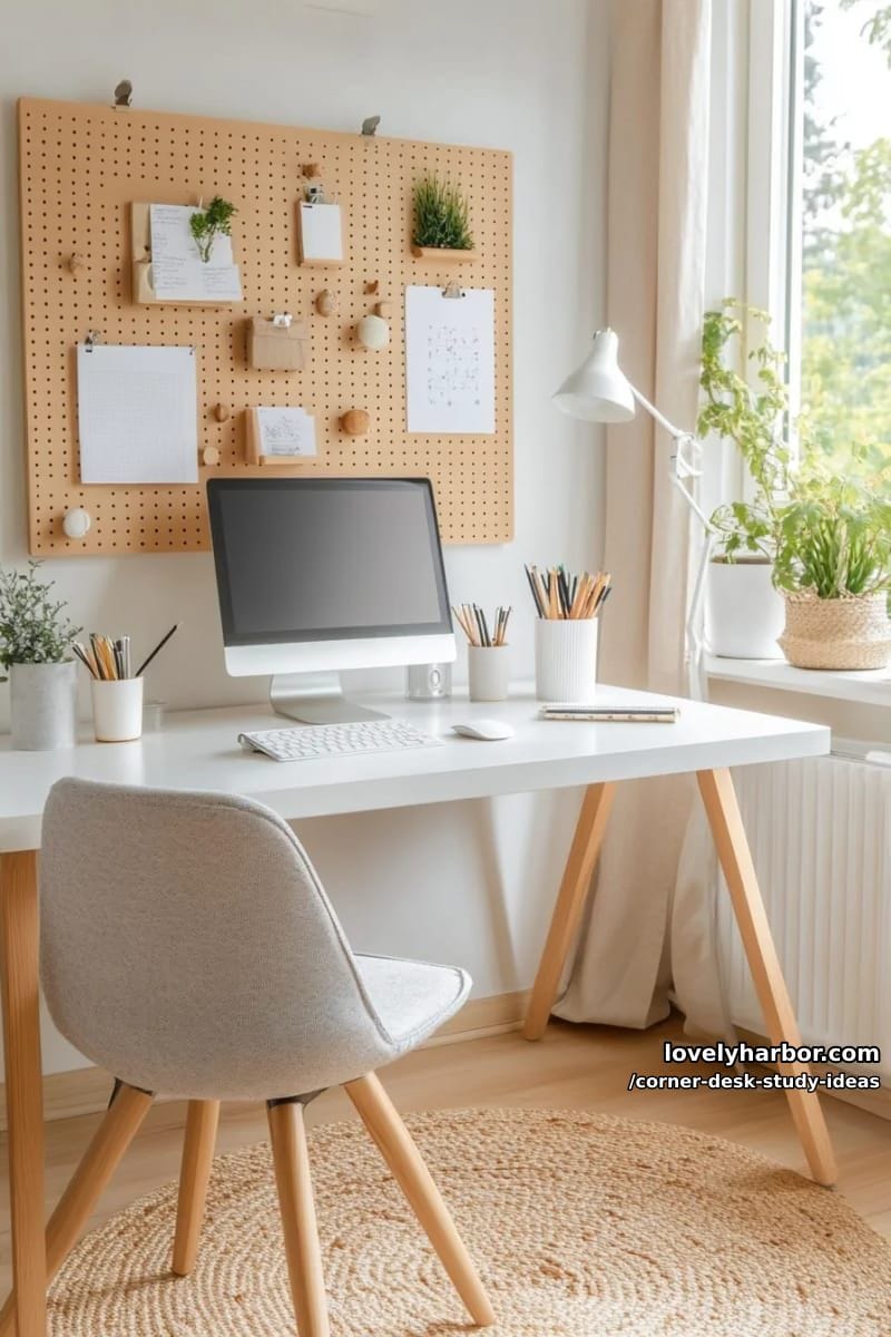 scandinavian-inspired white corner desk with minimalist wood accents and pegboard 1