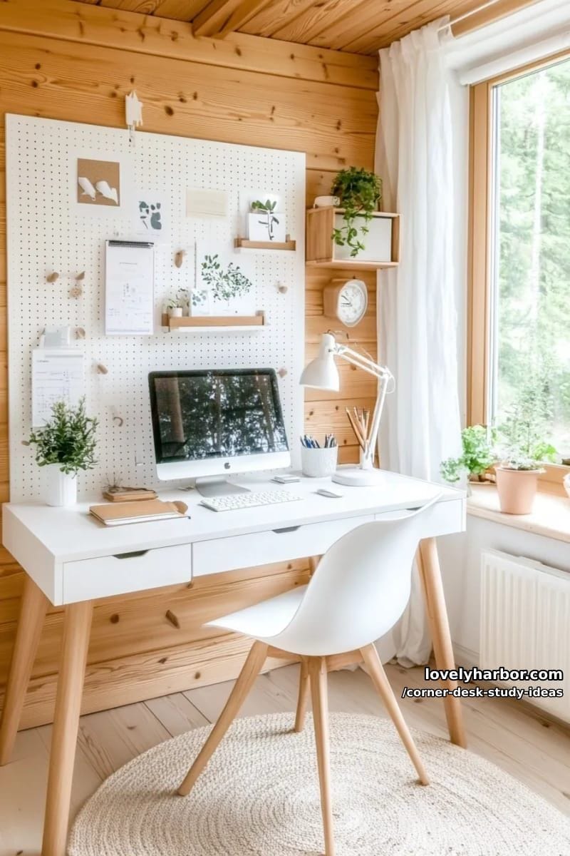 scandinavian-inspired white corner desk with minimalist wood accents and pegboard 1