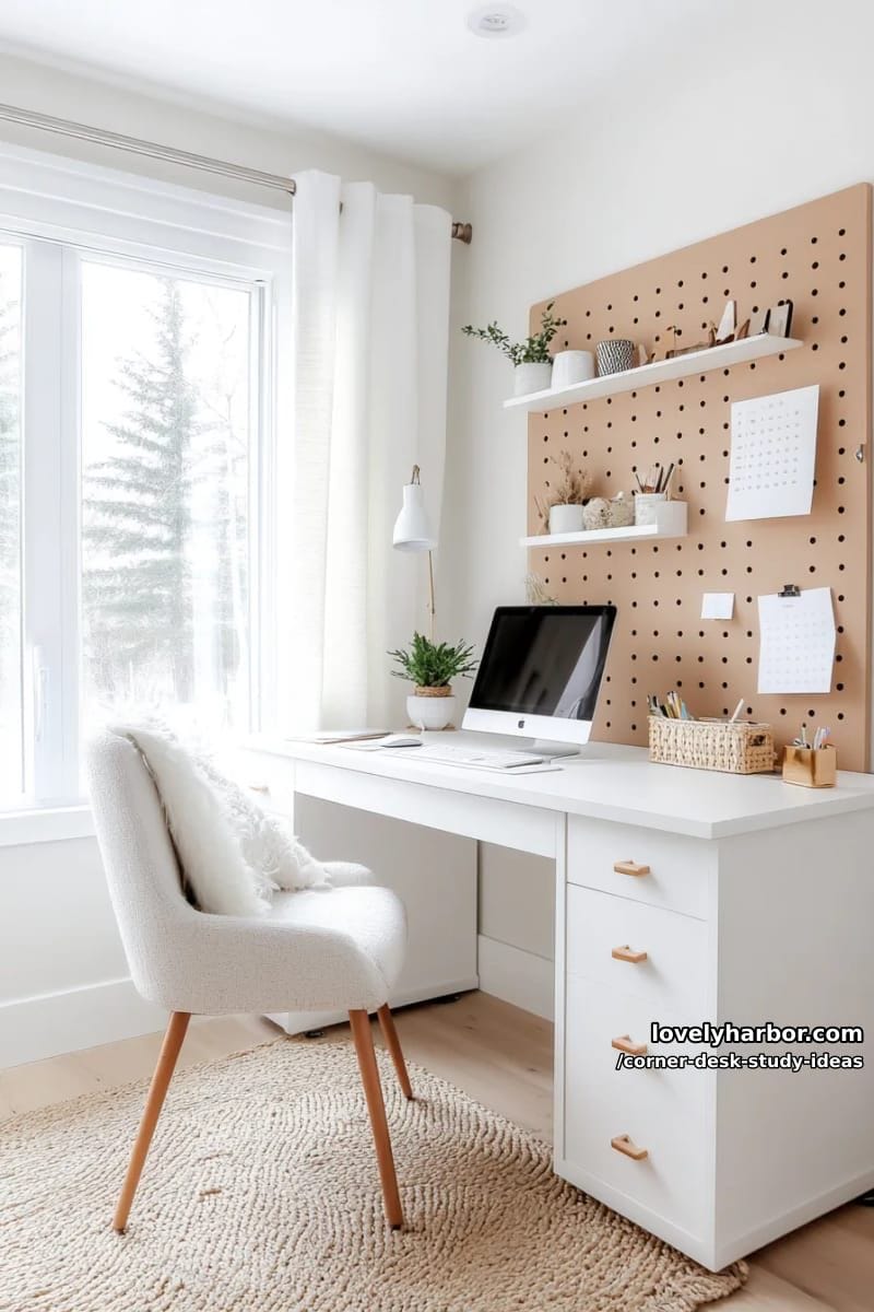 scandinavian-inspired white corner desk with minimalist wood accents and pegboard 1