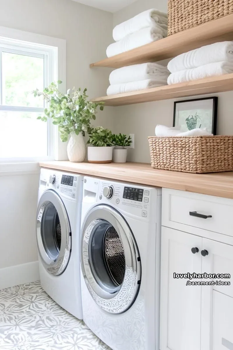 15 Creative Basement Design Ideas with Wow Factor 13 scandinavian-style laundry area with minimalist cabinetry and patterned tile floor. 1