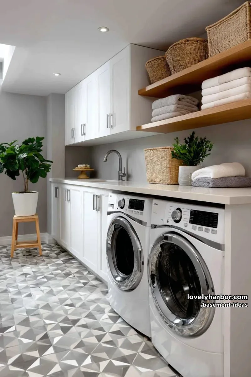 15 Creative Basement Design Ideas with Wow Factor 15 scandinavian-style laundry area with minimalist cabinetry and patterned tile floor. 1