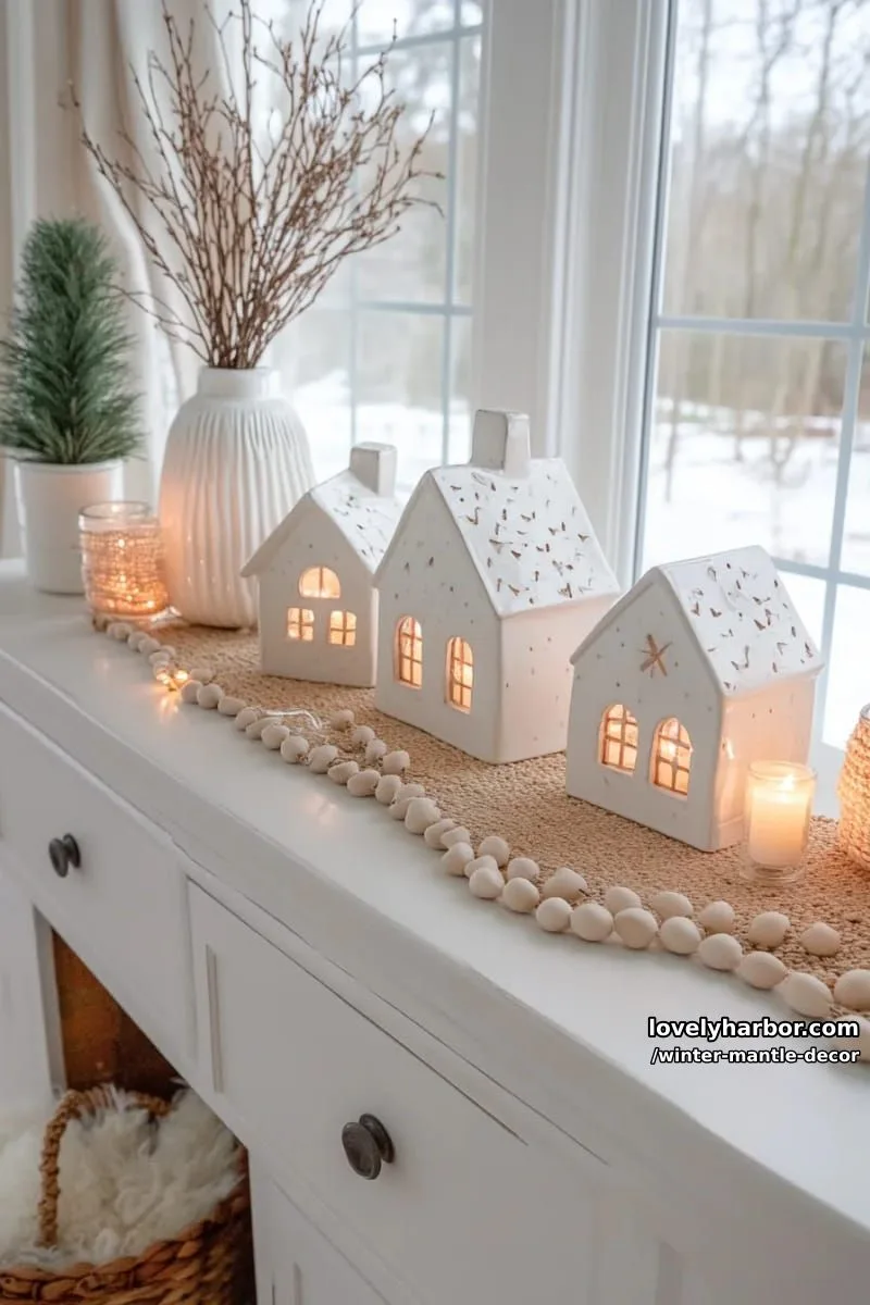 15 Stylish Winter Mantel Looks to Elevate Your Home 15 scandinavian white village with soft glowing tealights and natural wood beads. 1