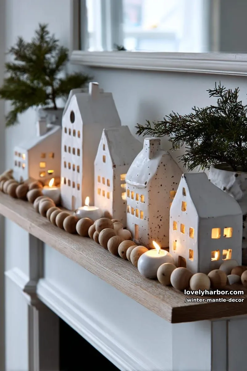 15 Stylish Winter Mantel Looks to Elevate Your Home 16 scandinavian white village with soft glowing tealights and natural wood beads. 1