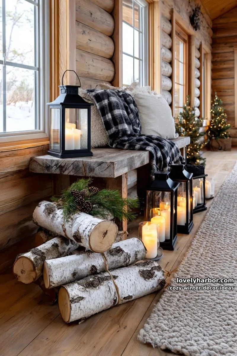 15 Winter Decor Ideas for a Cozy Home Retreat 20 scatter birch log bundles and lanterns along entryways for a cabin-inspired look. 1