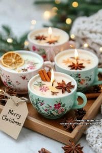 scented soy candles in teacups, topped with dried orange slices and cinnamon sticks 10