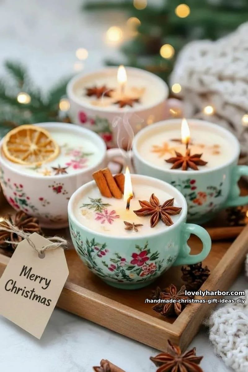 scented soy candles in teacups, topped with dried orange slices and cinnamon sticks 1