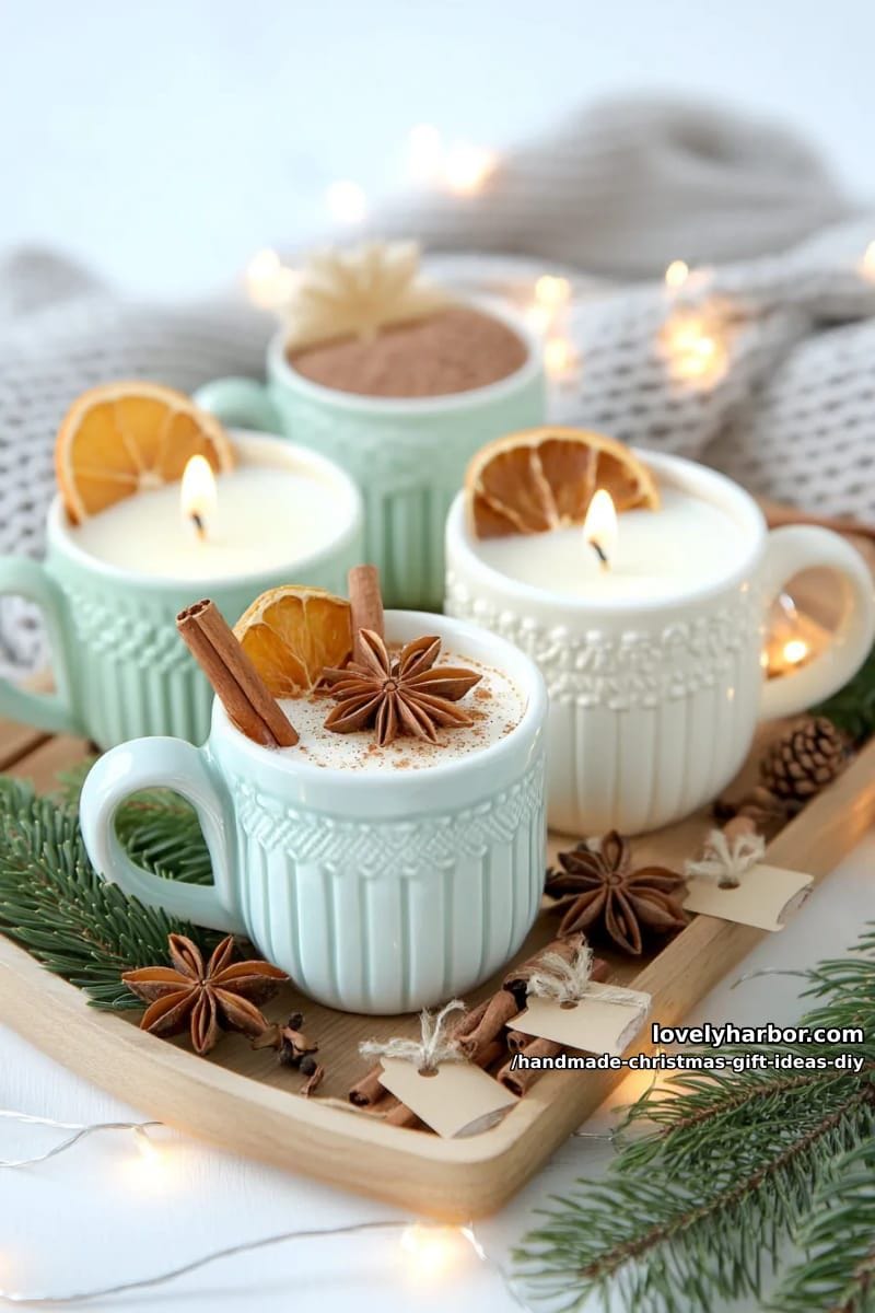 scented soy candles in teacups, topped with dried orange slices and cinnamon sticks 1