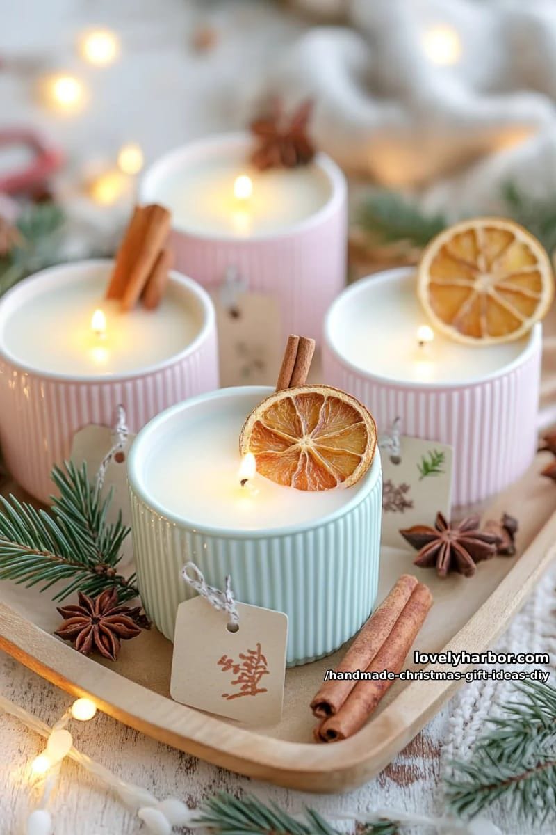 scented soy candles in teacups, topped with dried orange slices and cinnamon sticks 1