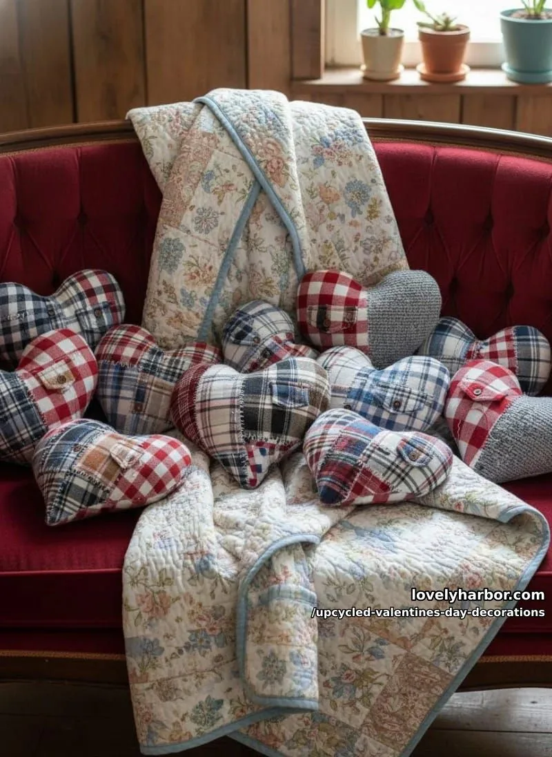 scrappy patchwork heart pillows made from old flannel shirts and blankets 1