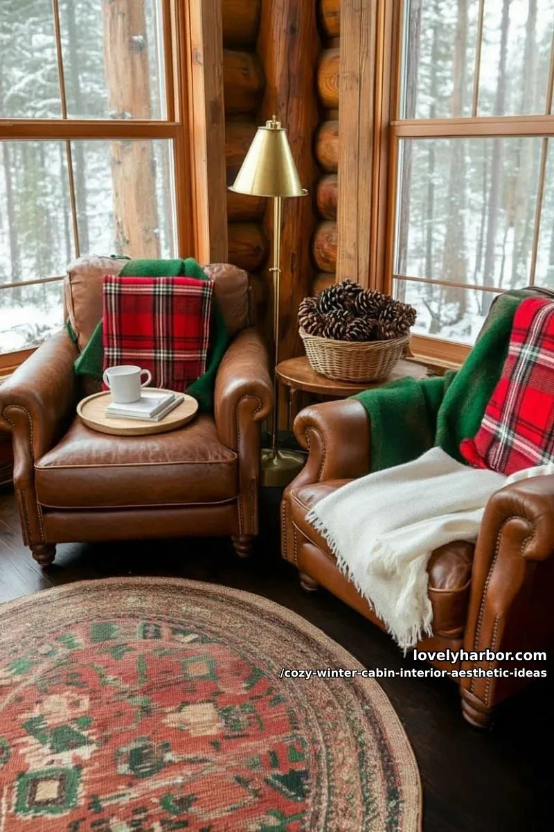 15 Cozy Winter Cabin Interior Ideas for an Aesthetic Retreat 22 set up a snug lounge corner with deep leather armchairs and tartan throws. 1