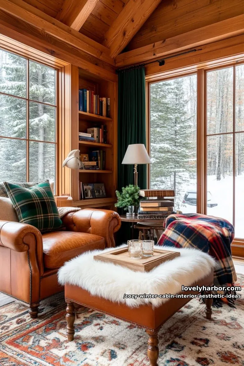 15 Cozy Winter Cabin Interior Ideas for an Aesthetic Retreat 23 set up a snug lounge corner with deep leather armchairs and tartan throws. 1