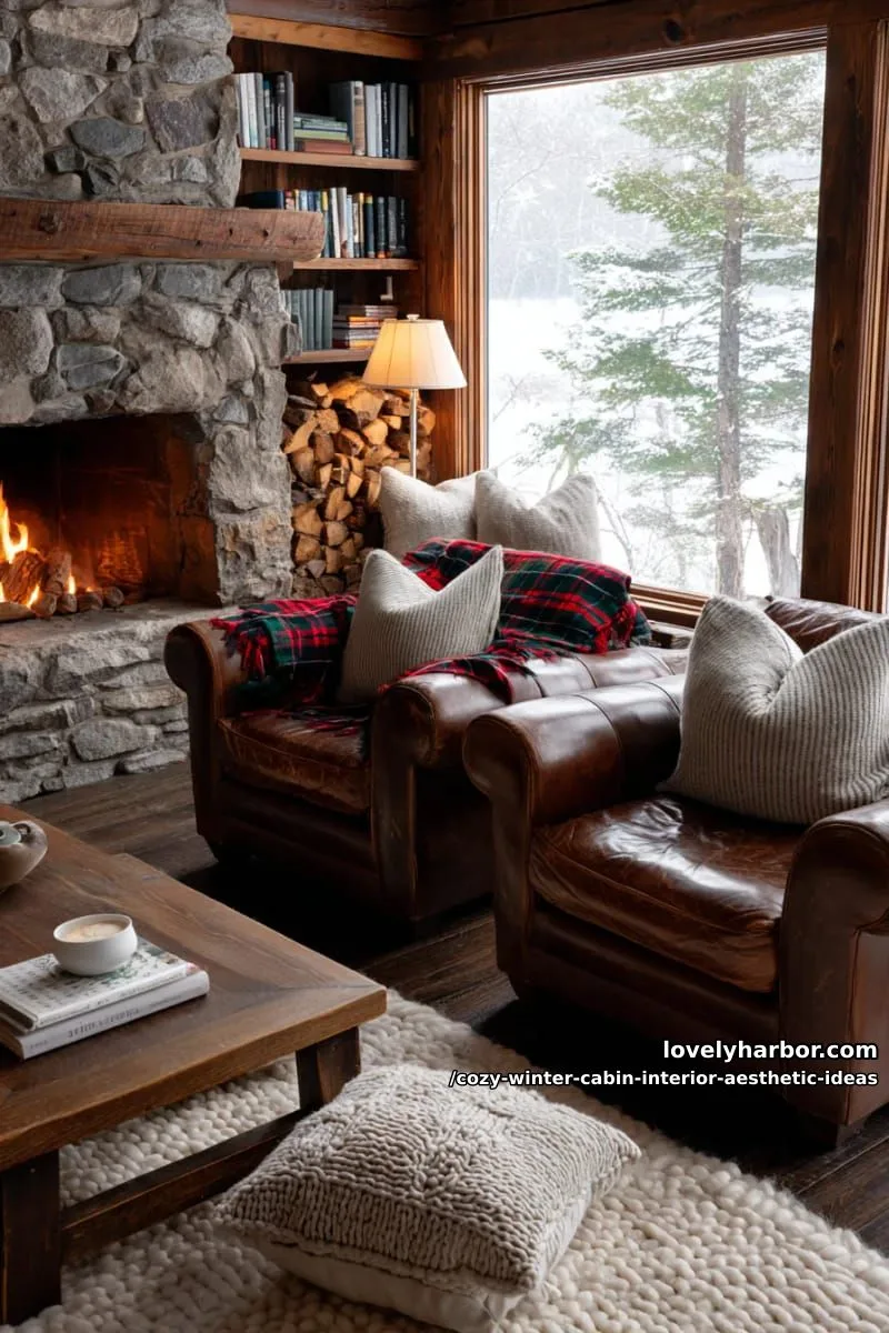15 Cozy Winter Cabin Interior Ideas for an Aesthetic Retreat 24 set up a snug lounge corner with deep leather armchairs and tartan throws. 1
