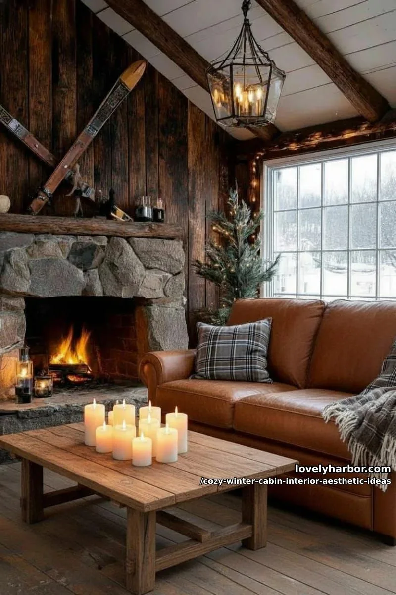 15 Cozy Winter Cabin Interior Ideas for an Aesthetic Retreat 33 set vintage skis and snowshoes as wall art for rustic winter vibes. 1