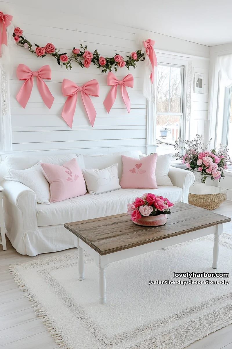 shabby chic pink and red bow wall with plush fabric bows 1