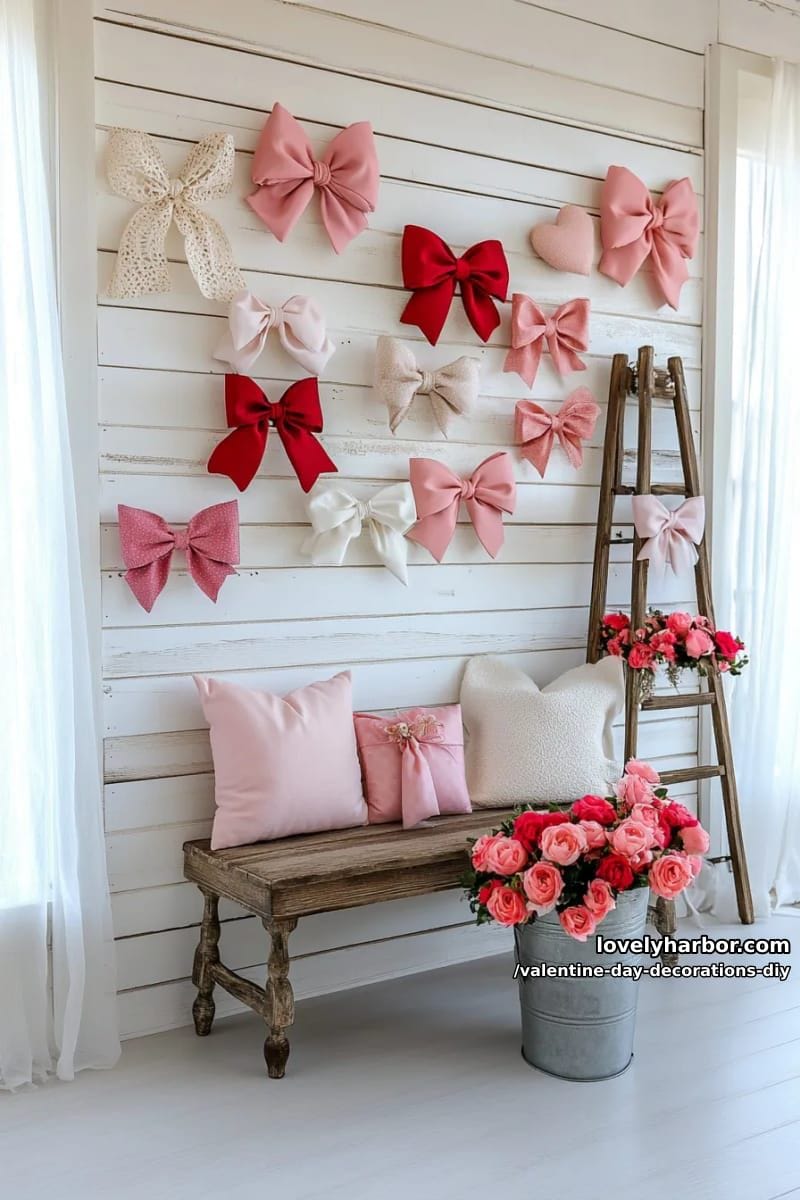 shabby chic pink and red bow wall with plush fabric bows 1