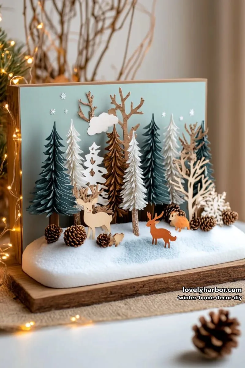 shadowbox art with layered winter trees and miniature woodland creatures 1