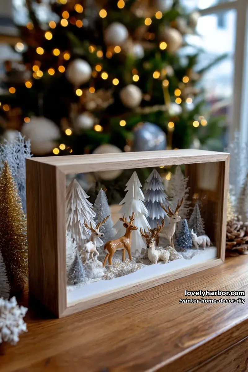 shadowbox art with layered winter trees and miniature woodland creatures 1