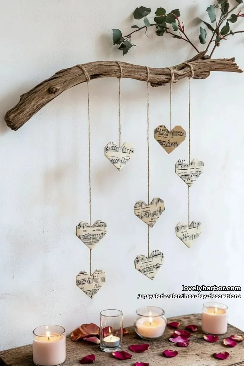 sheet music folded origami hearts hanging from driftwood branch mobile 1