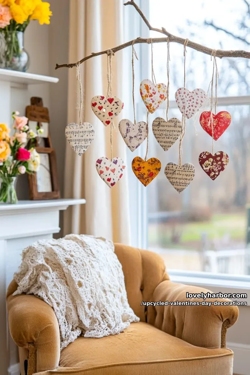 sheet music folded origami hearts hanging from driftwood branch mobile 1
