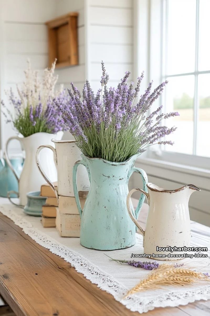 showcase a collection of old enamel pitchers filled with dried lavender bouquets. 1