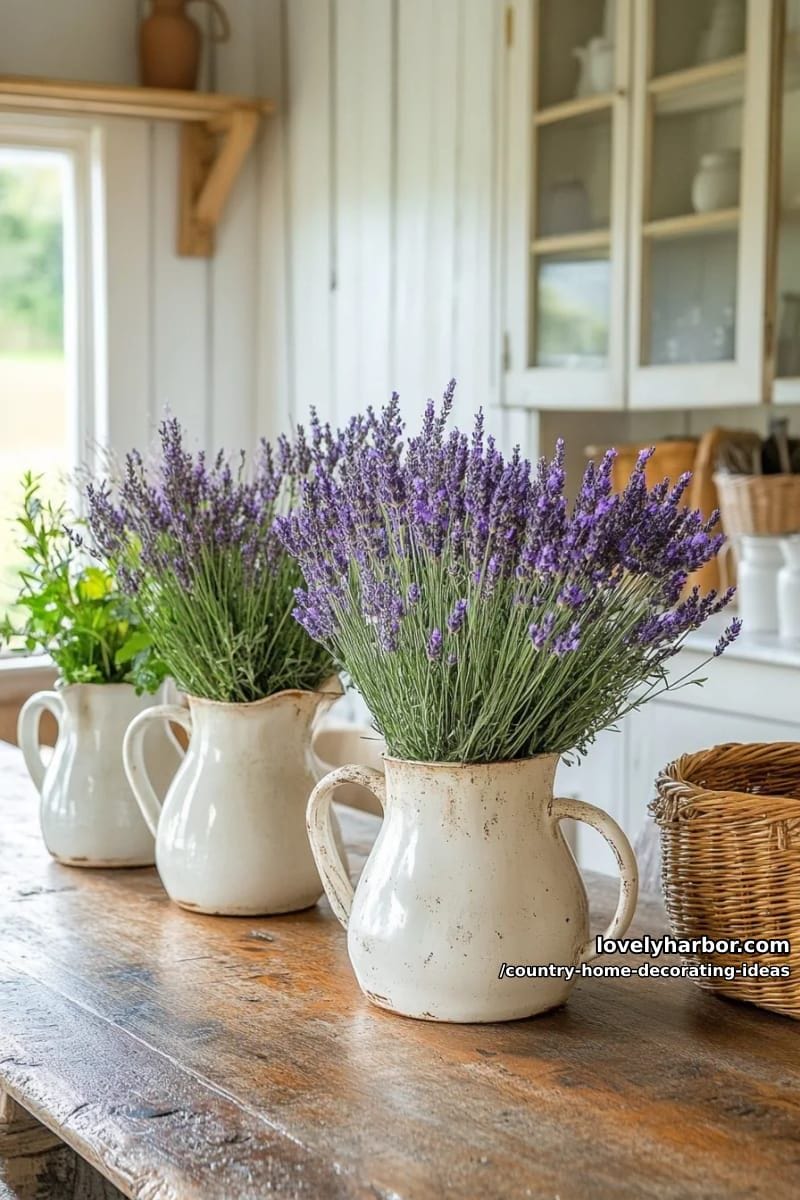 showcase a collection of old enamel pitchers filled with dried lavender bouquets. 1