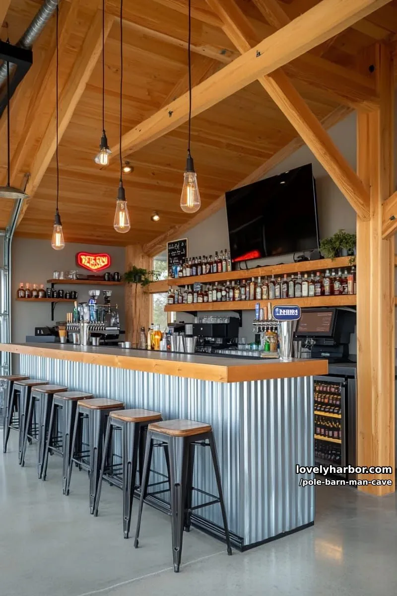 sleek bar man cave with corrugated metal bar front and industrial stools 1