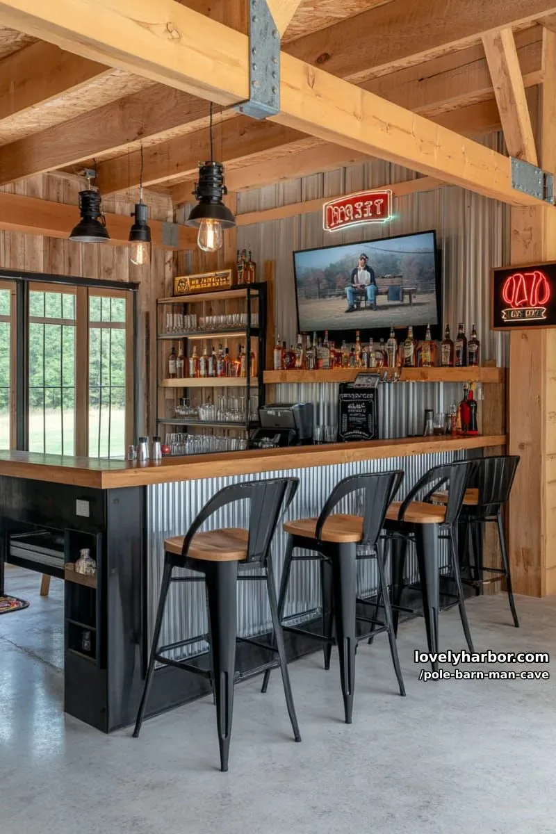 sleek bar man cave with corrugated metal bar front and industrial stools 1