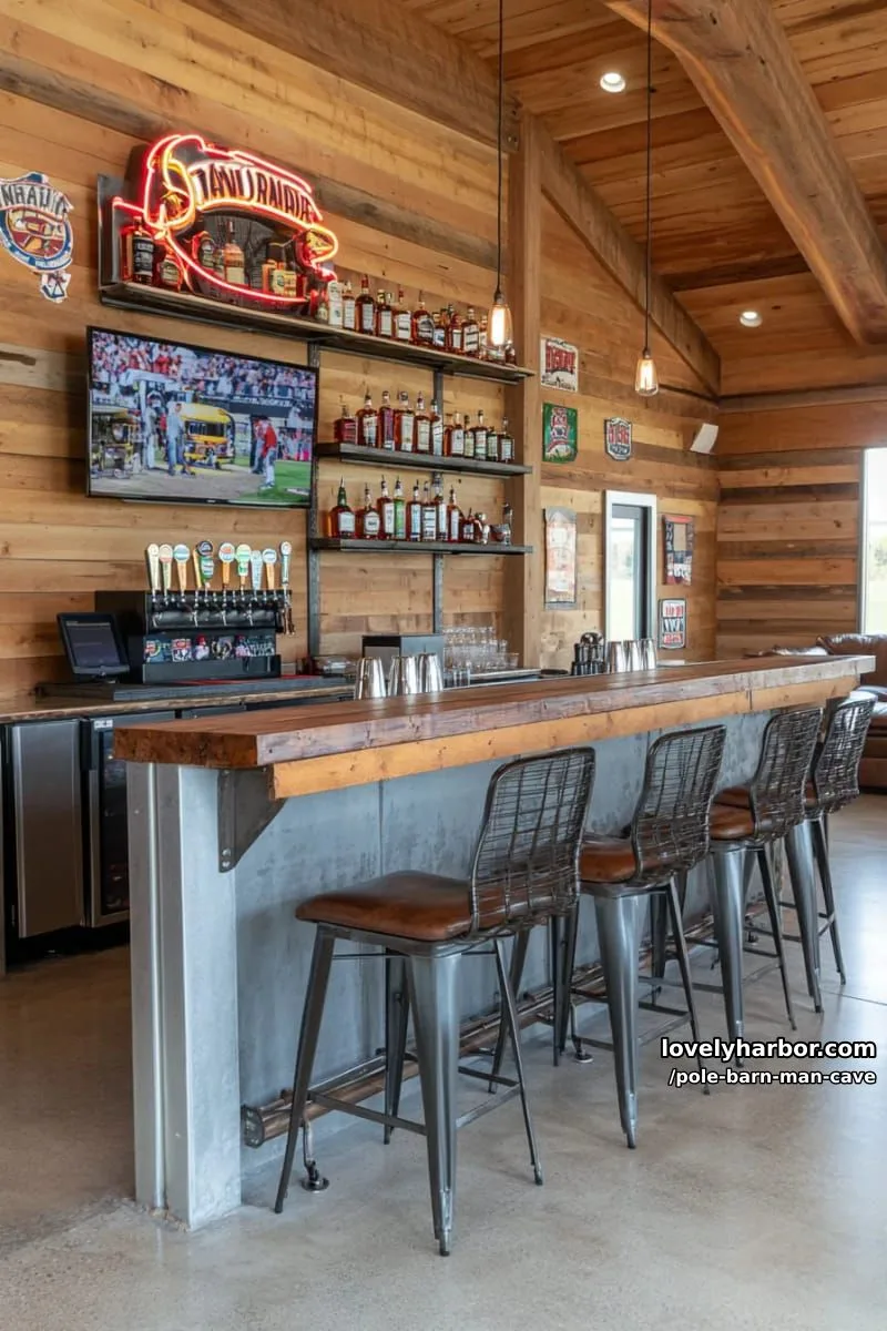 sleek bar man cave with corrugated metal bar front and industrial stools 1