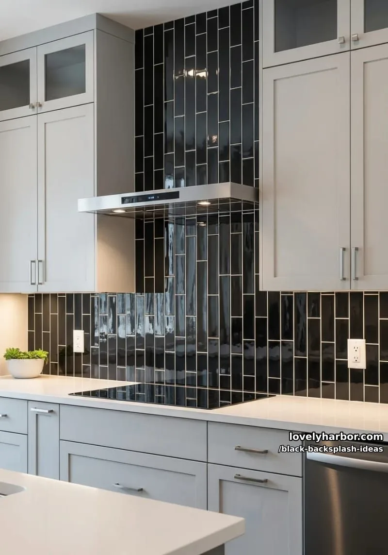 sleek black subway tiles stacked vertically for a modern kitchen backsplash 1