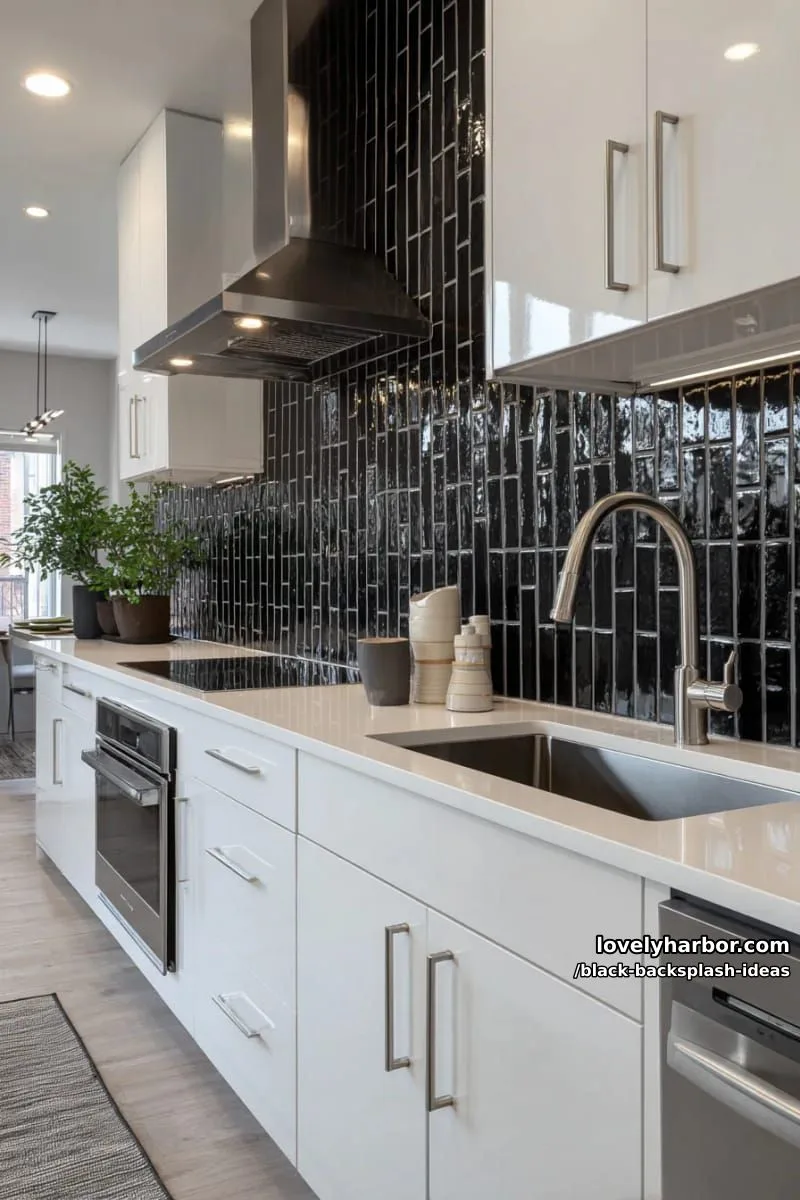 sleek black subway tiles stacked vertically for a modern kitchen backsplash 1
