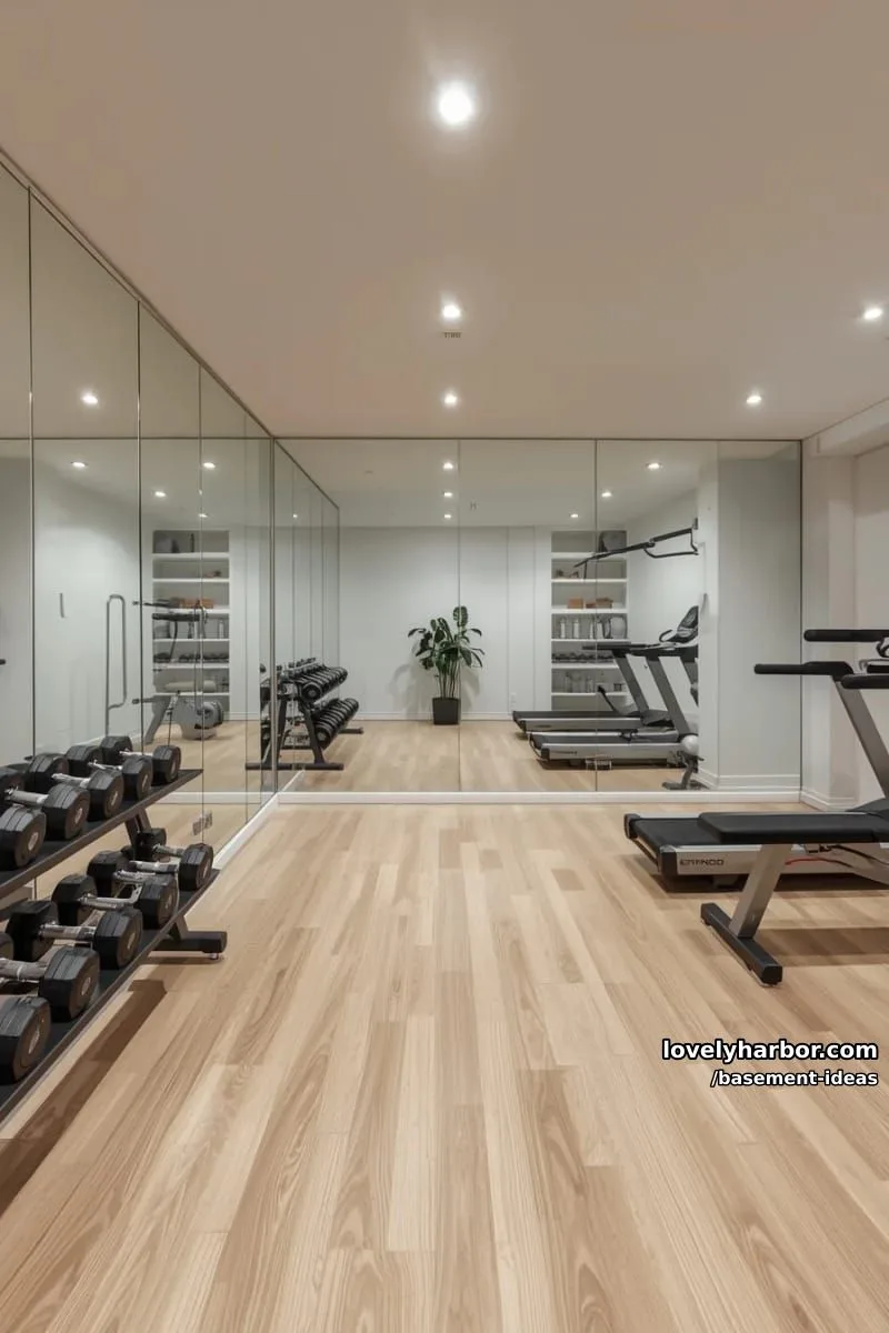 15 Creative Basement Design Ideas with Wow Factor 11 sleek modern gym space with full wall mirrors and natural wood flooring. 1