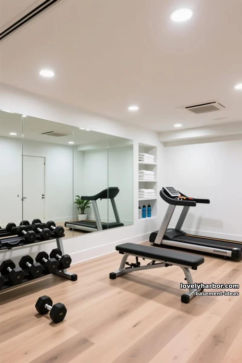 15 Creative Basement Design Ideas with Wow Factor 12 sleek modern gym space with full wall mirrors and natural wood flooring. 1