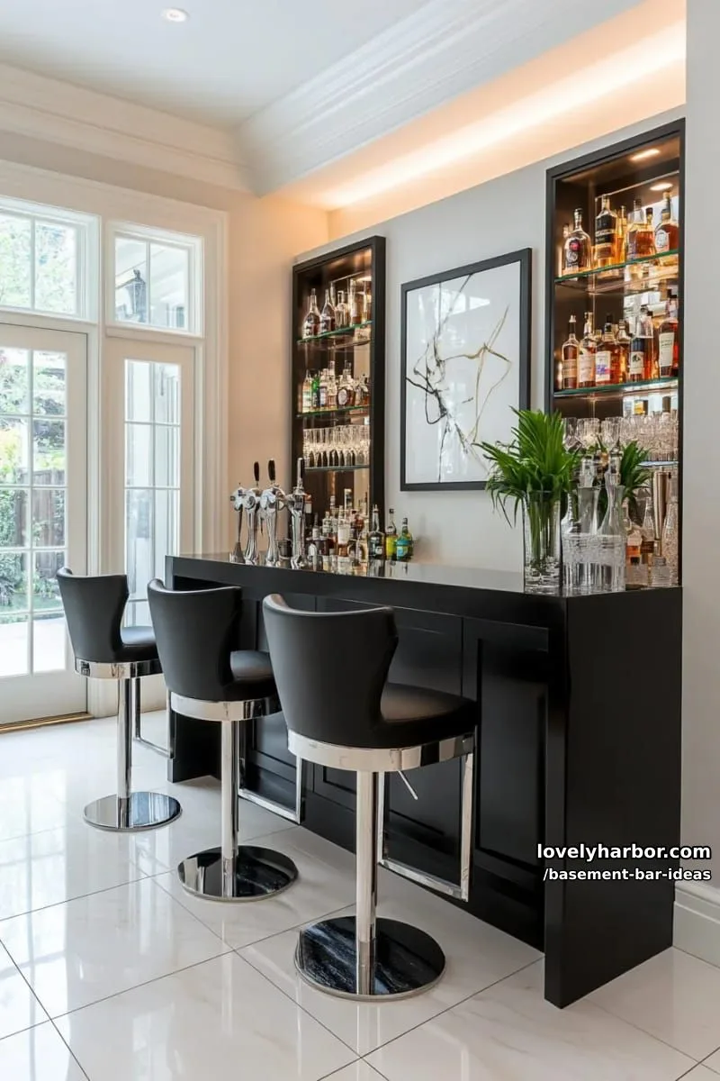 15 Modern Basement Bar Design Ideas for Comfy Entertaining 32 sleek monochrome bar design with glossy black cabinetry and integrated led backlighting 1