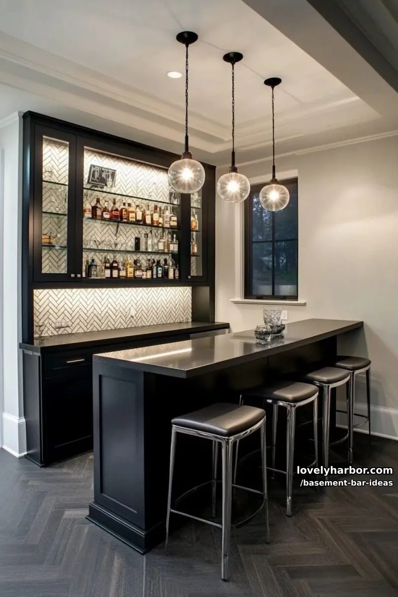 15 Modern Basement Bar Design Ideas for Comfy Entertaining 33 sleek monochrome bar design with glossy black cabinetry and integrated led backlighting 1