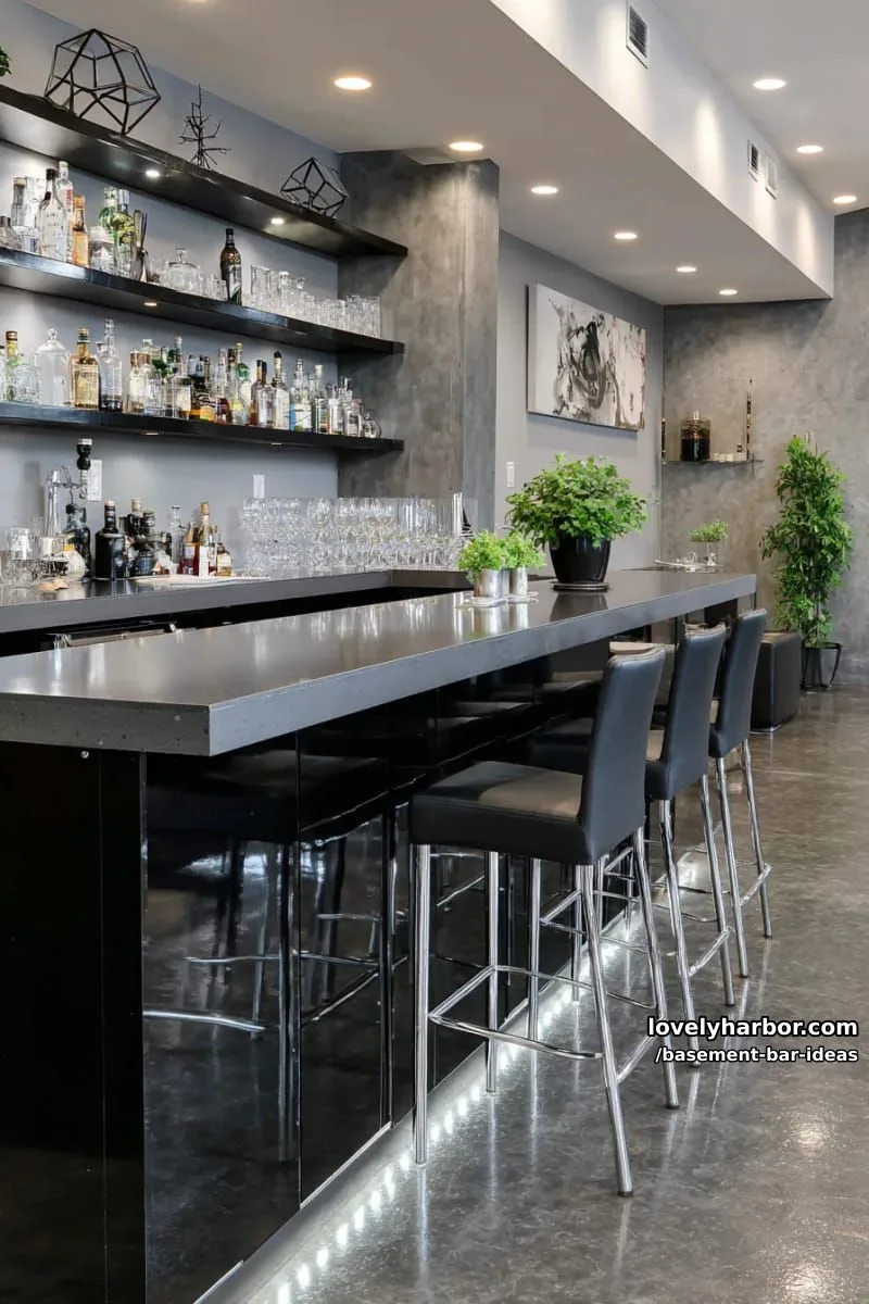 15 Modern Basement Bar Design Ideas for Comfy Entertaining 34 sleek monochrome bar design with glossy black cabinetry and integrated led backlighting 1