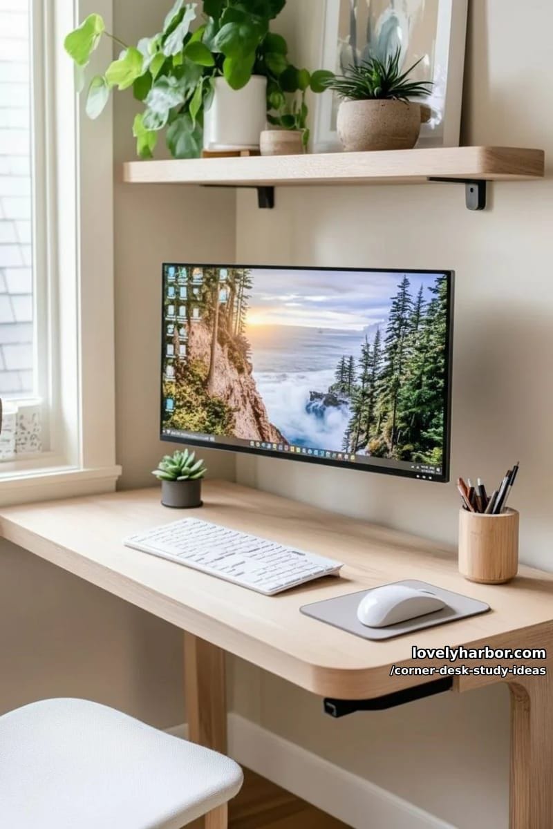 small l-shaped desk with floating monitor stand and wireless charging pad 1
