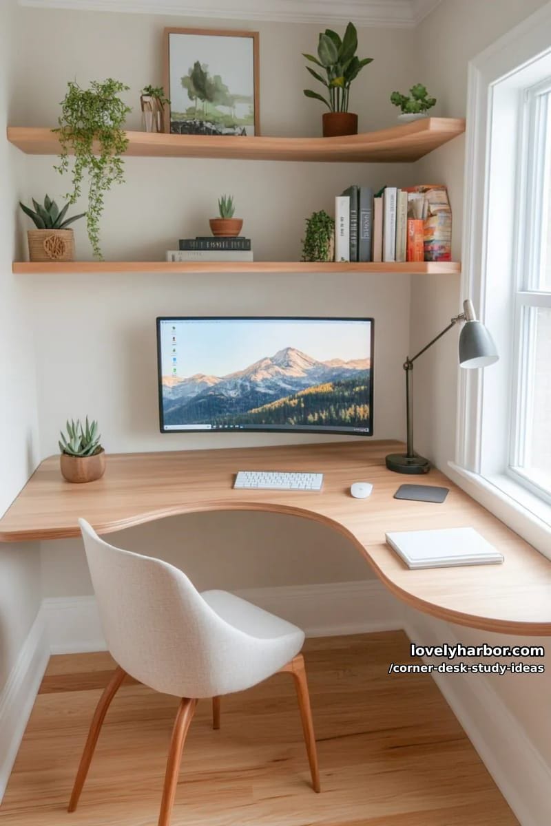 small l-shaped desk with floating monitor stand and wireless charging pad 1