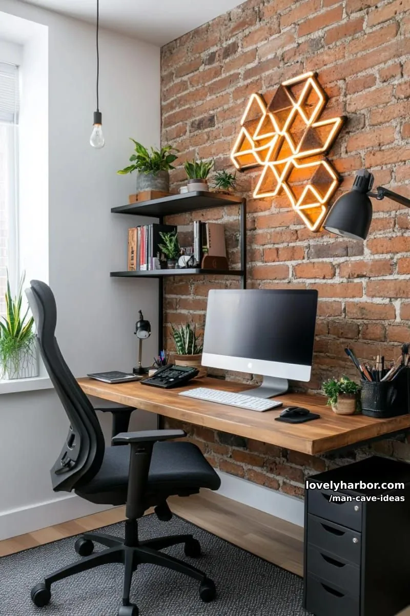 15 Classy Man Cave Ideas to Personalize Your Space 23 small man cave office featuring floating wooden desks and glowing wall art 1