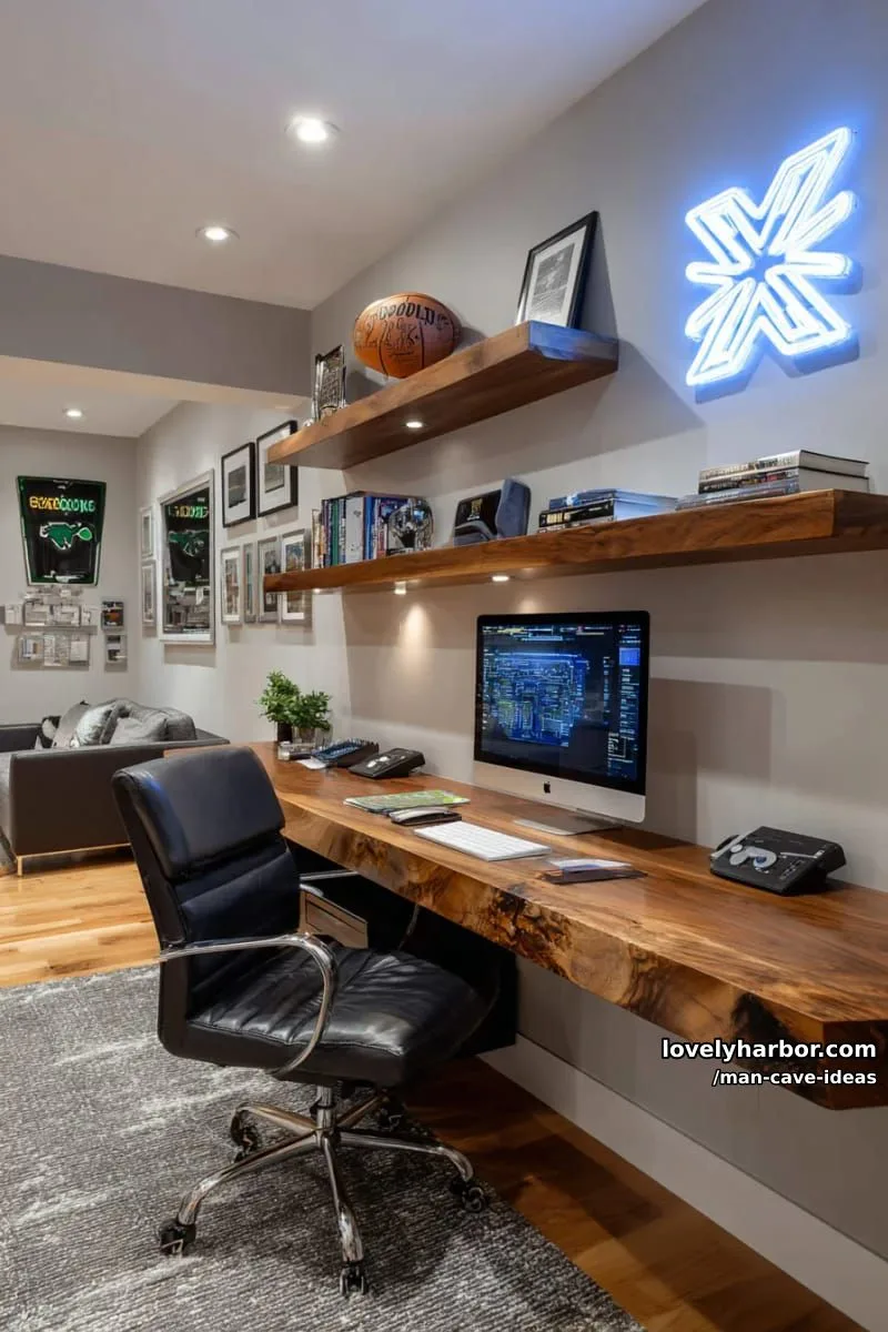15 Classy Man Cave Ideas to Personalize Your Space 24 small man cave office featuring floating wooden desks and glowing wall art 1