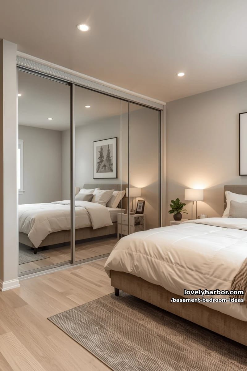 small space solution: mirrored closet doors and underbed rolling drawers 1