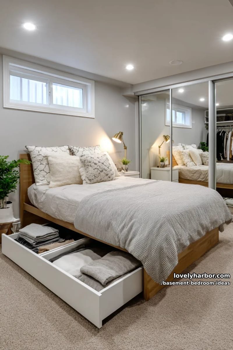 small space solution: mirrored closet doors and underbed rolling drawers 1