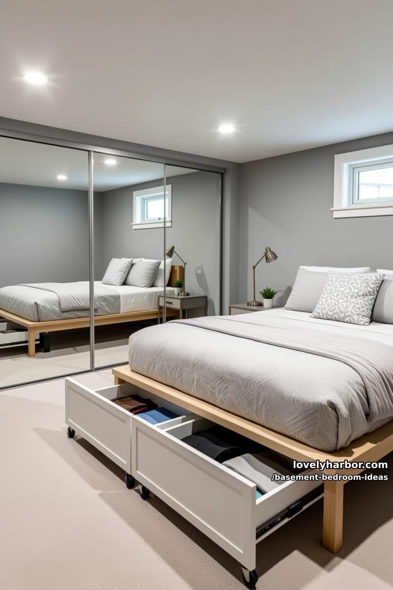 small space solution: mirrored closet doors and underbed rolling drawers 1