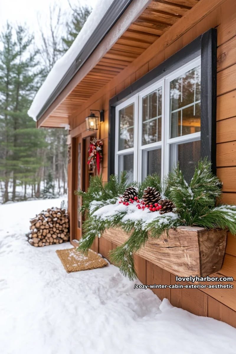 snow-covered window boxes overflowing with winter greenery and twigs 1