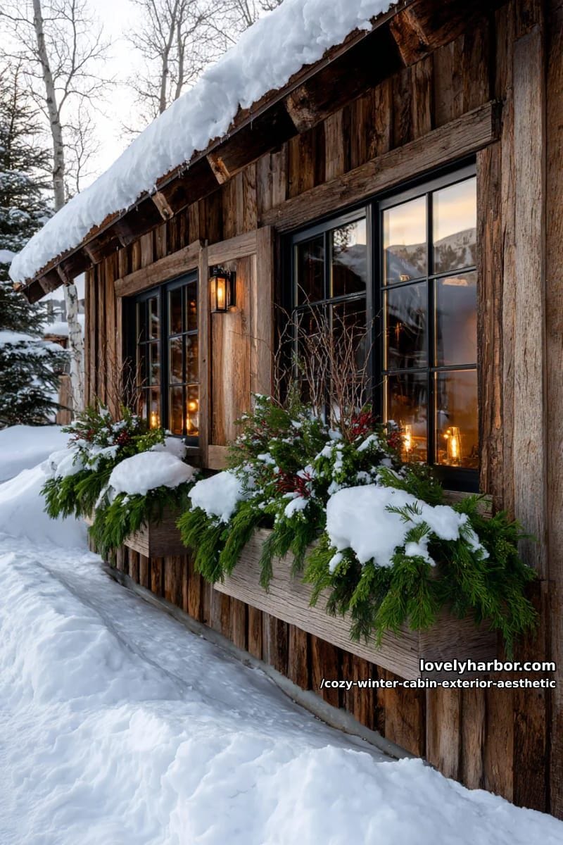 snow-covered window boxes overflowing with winter greenery and twigs 1