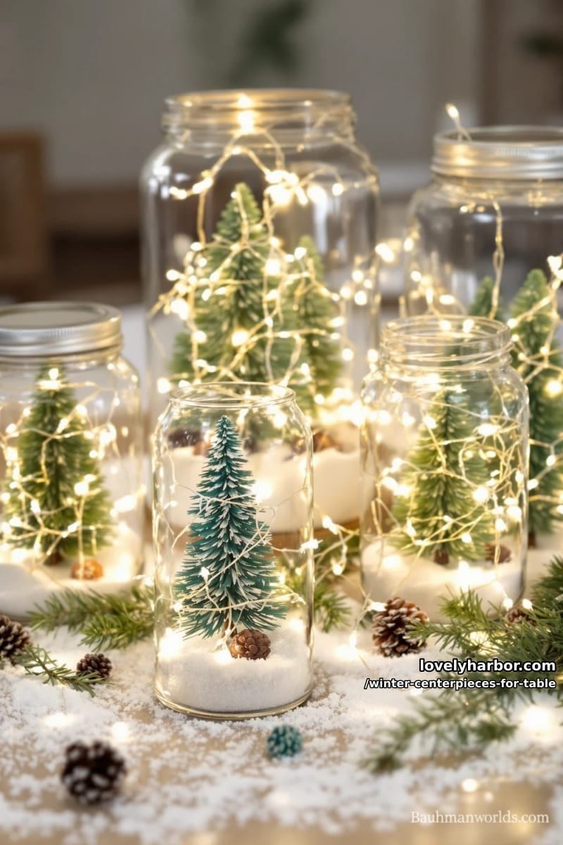 snow globe-inspired jars with mini trees, snow, and tiny fairy lights 1