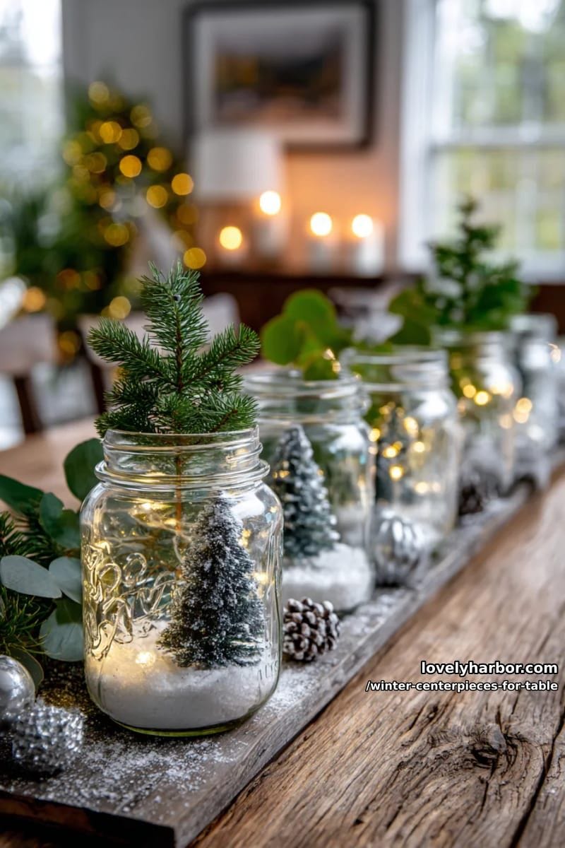 snow globe-inspired jars with mini trees, snow, and tiny fairy lights 1