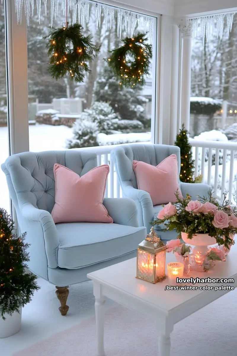 snowy pastel palette: powder blue, blush pink, and soft mauve hues 1